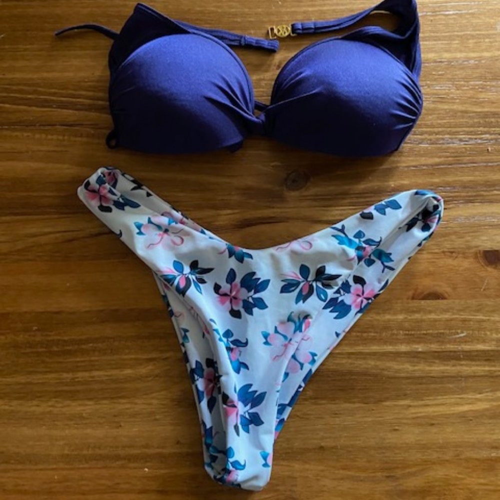 Victoria Secret Blue Top with Flowered Bottom Swimsuit